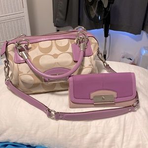 Violet and beige coach purse with wallet set